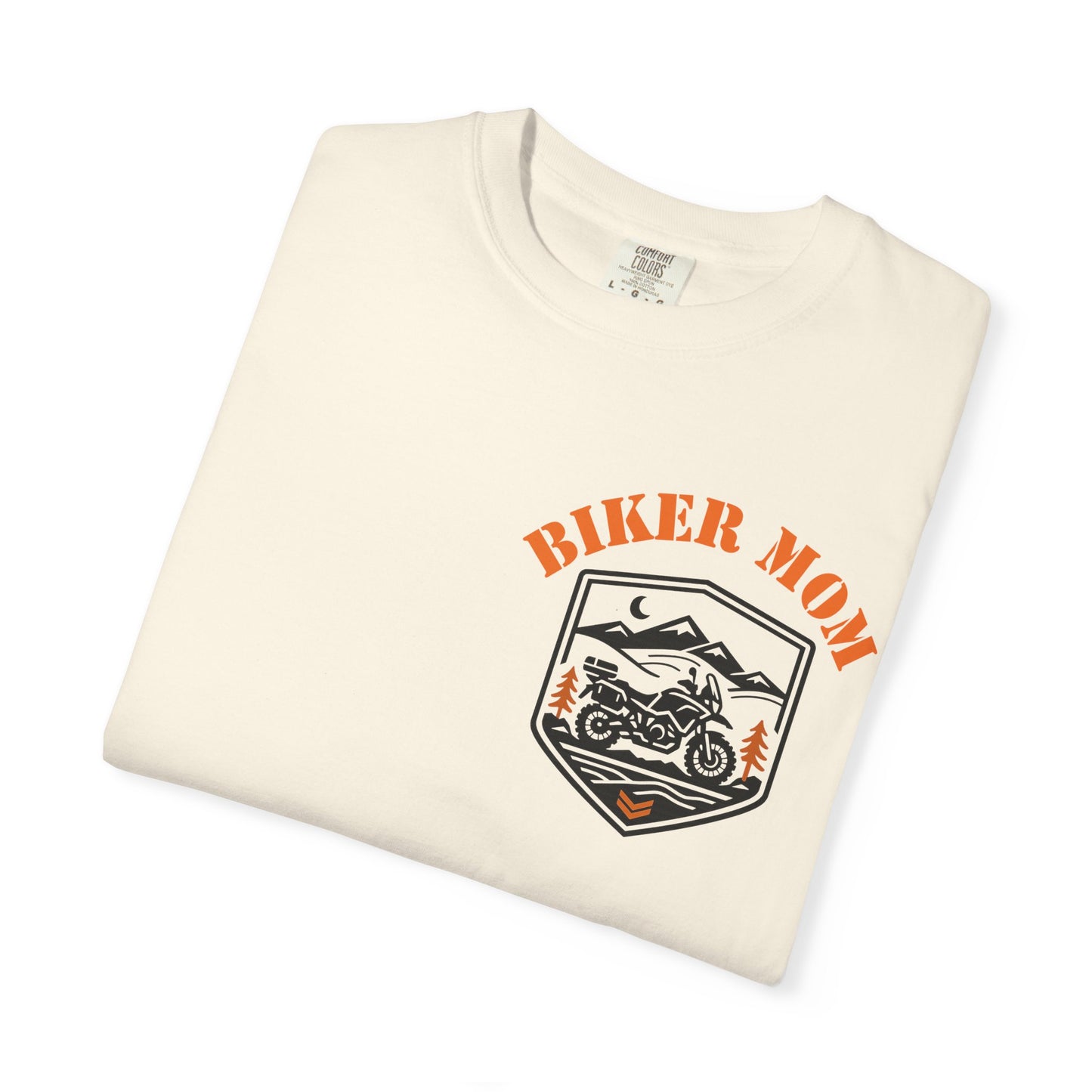 BIKER MOM Chest Badge Women’s Motorcycle T-Shirt | Natural & Orange