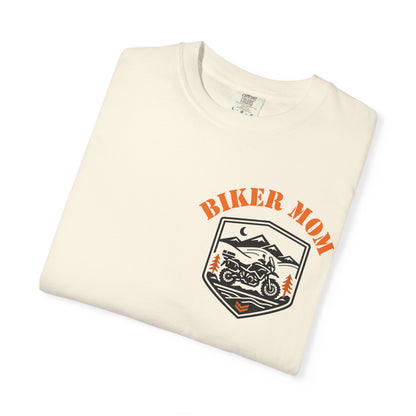 BIKER MOM Chest Badge Women’s Motorcycle T-Shirt | Natural & Orange