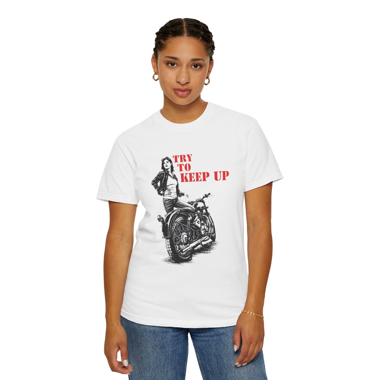 TRY TO KEEP UP Women’s Motorcycle T-Shirt | White & Red