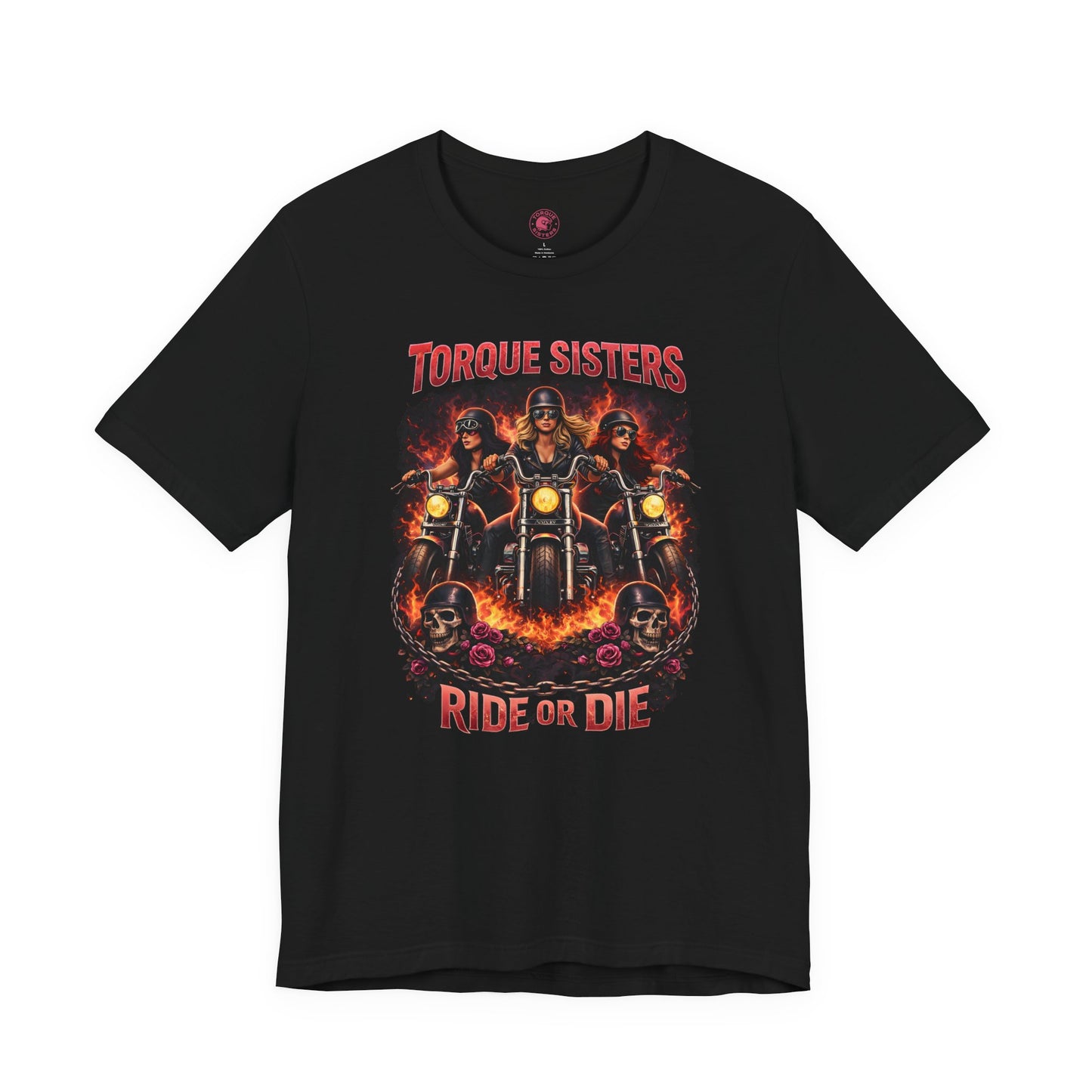 TORQUE SISTERS RIDE OR DIE Women’s Motorcycle T-Shirt | Black & Red & Yellow