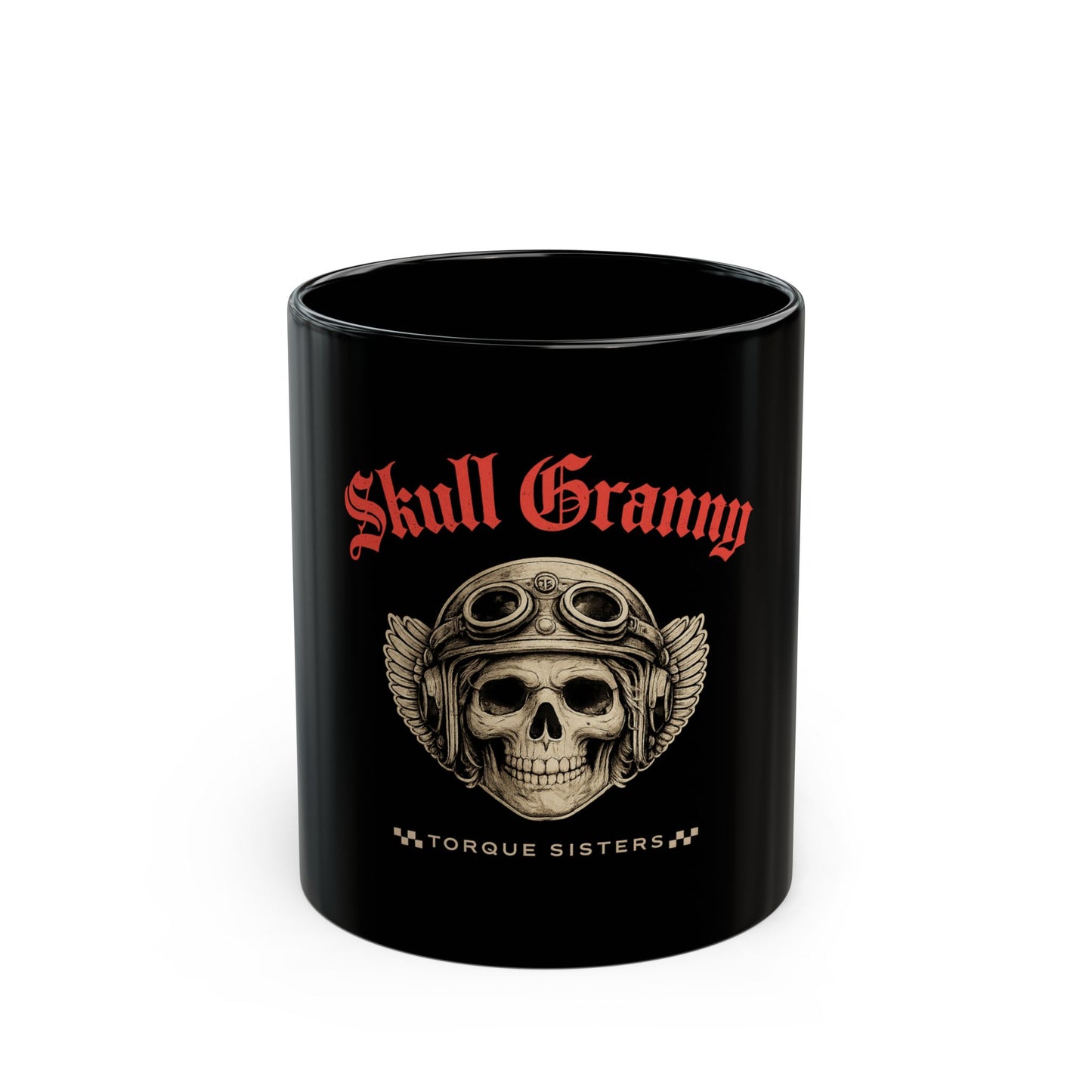 Black mug with skull design and 'Skull Granny' text on a white background