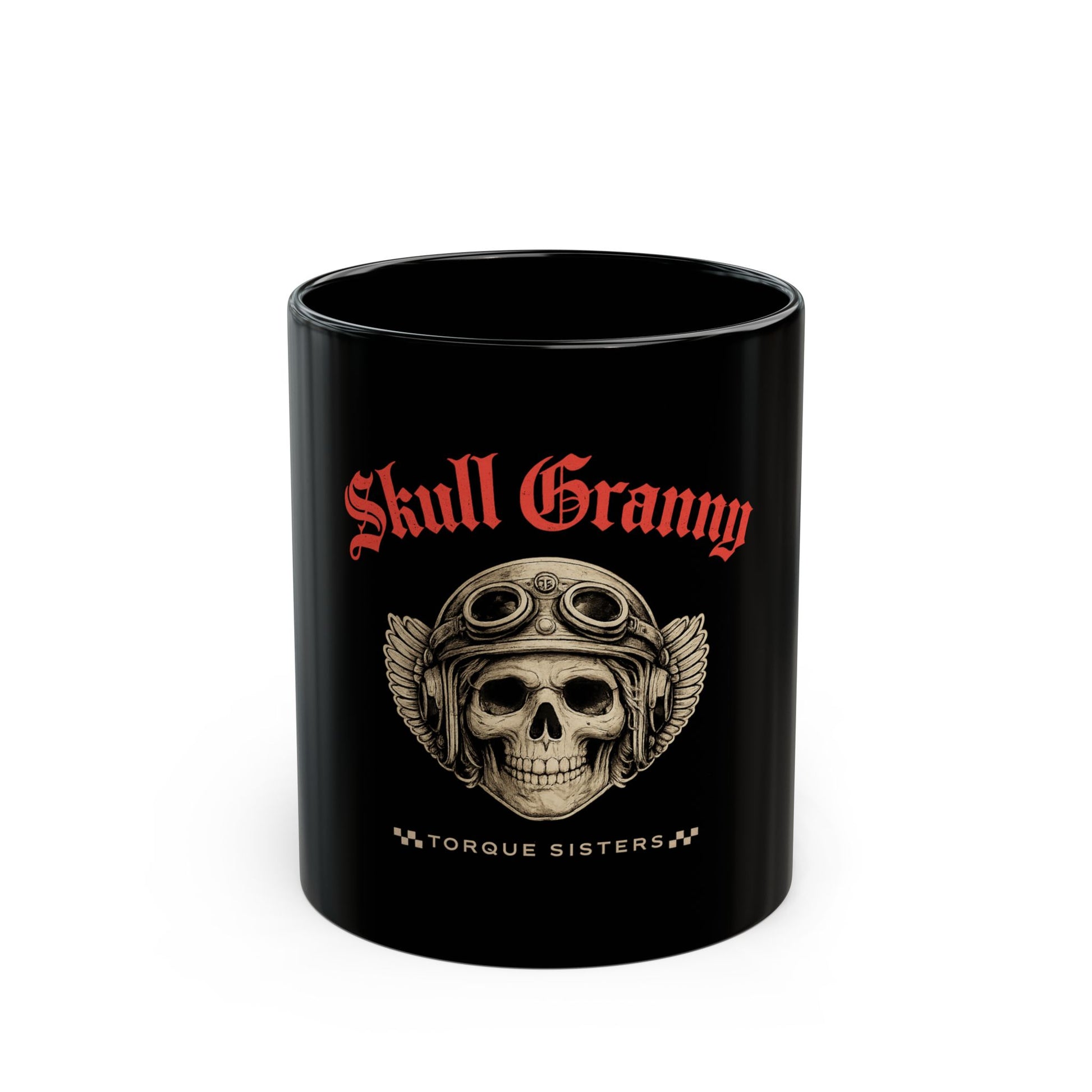 Black mug with skull design and 'Skull Granny' text on a white background