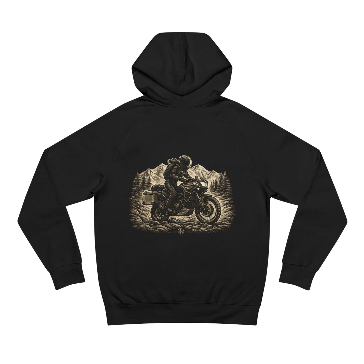 Black hoodie with a motorcycle graphic on the back against a white background