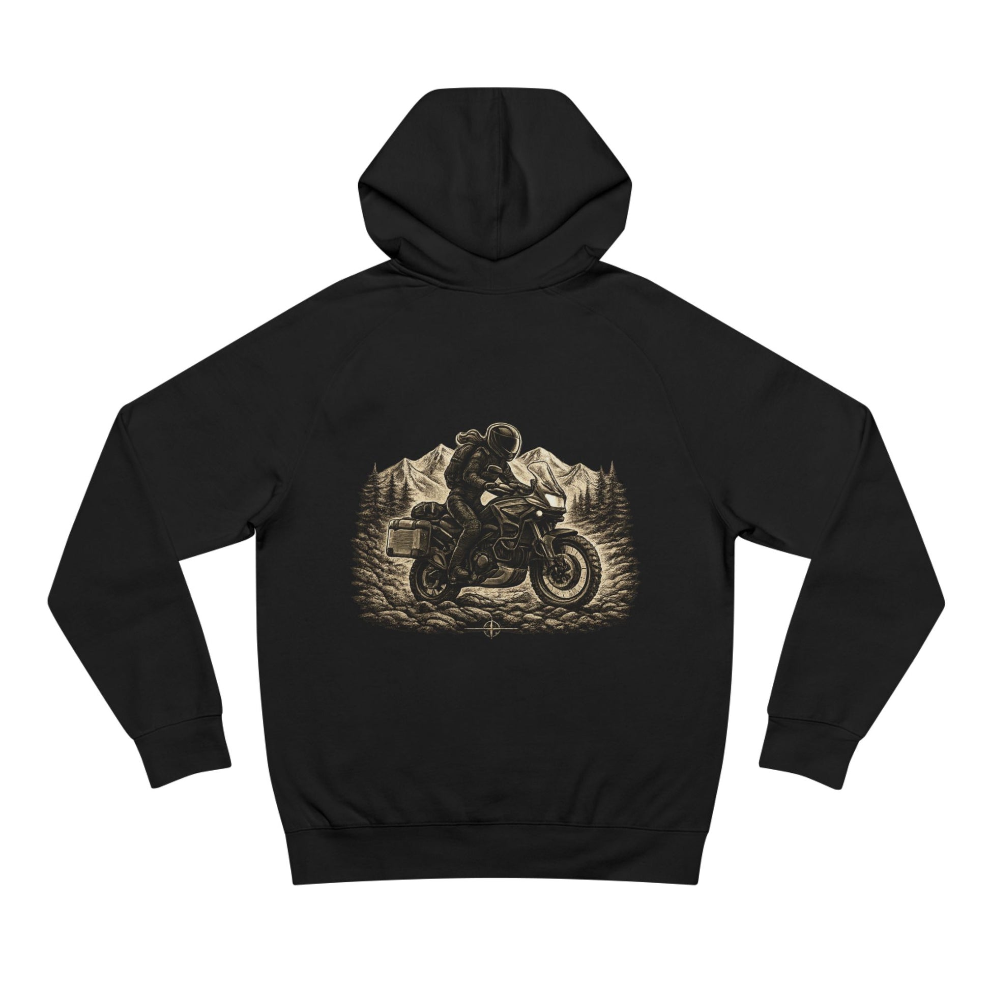 Black hoodie with a motorcycle graphic on the back against a white background