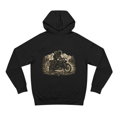 Black hoodie with a motorcycle graphic on the back against a white background