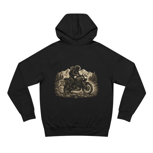 Black hoodie with a motorcycle graphic on the back against a white background