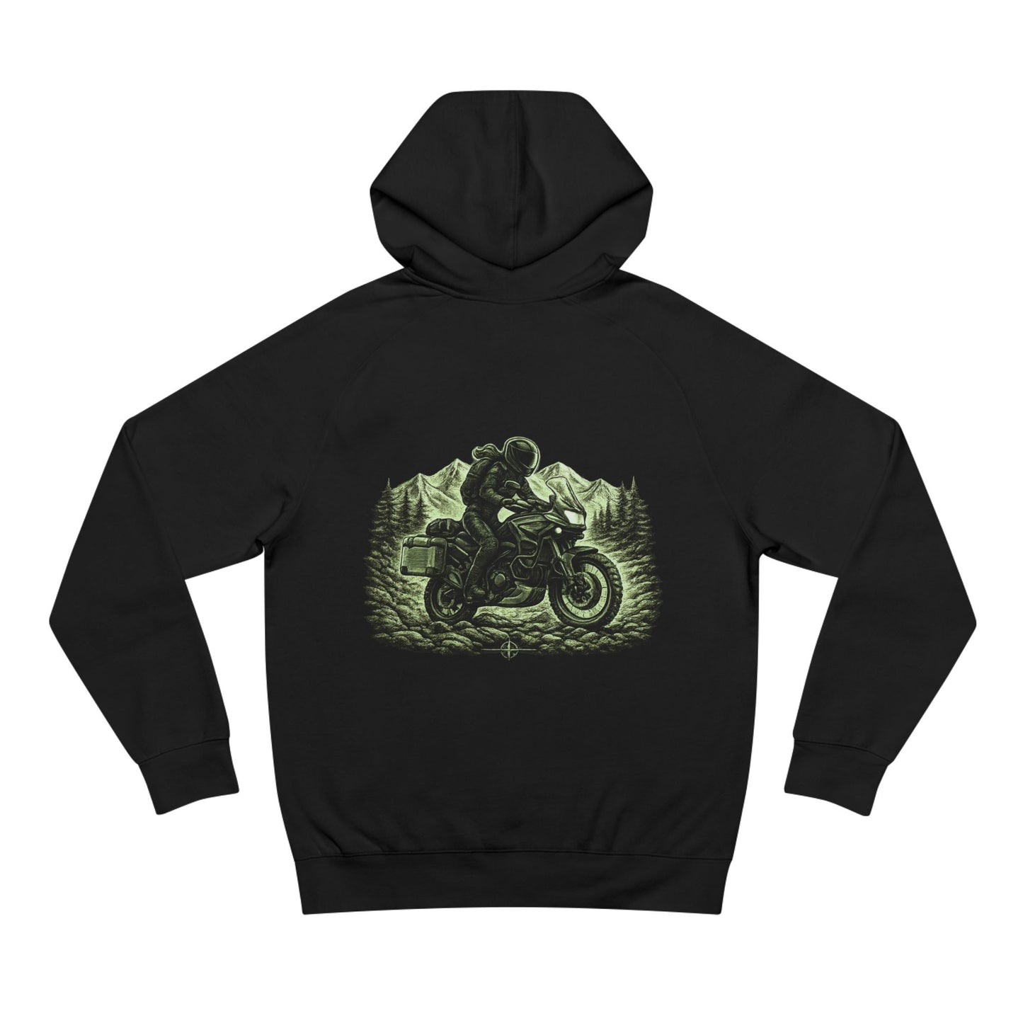 Black hoodie with a motorcycle graphic on the back against a white background