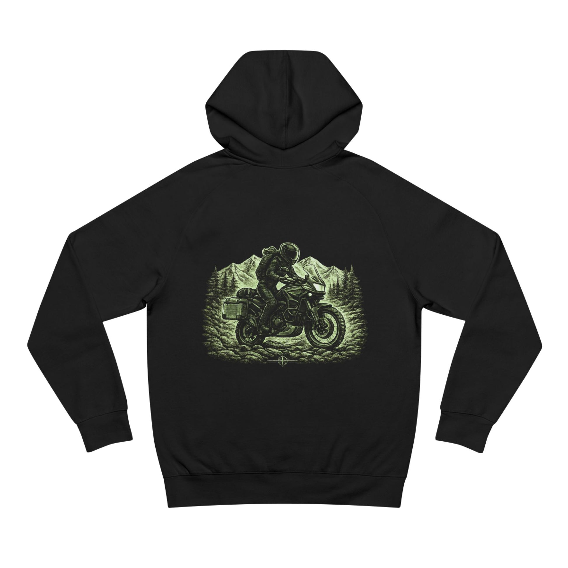 Black hoodie with a motorcycle graphic on the back against a white background