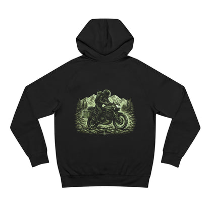Black hoodie with a motorcycle graphic on the back against a white background