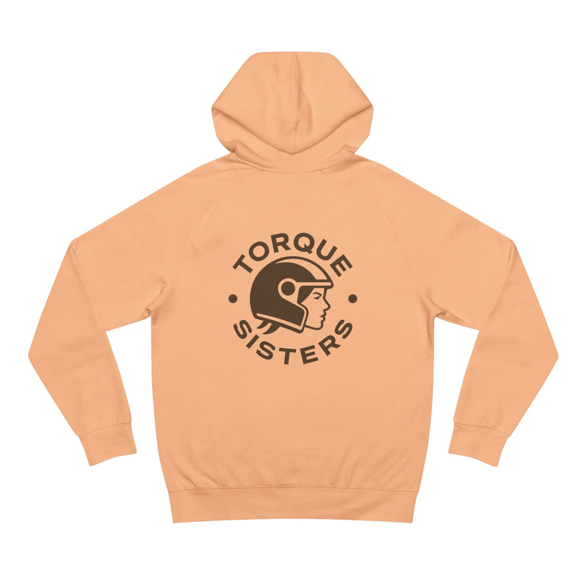 Peach hoodie with 'Torque Sisters' logo on a white background