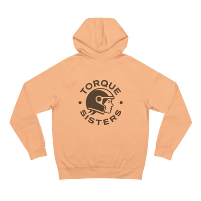 Peach hoodie with 'Torque Sisters' logo on a white background