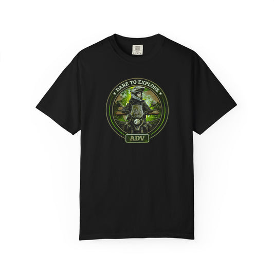 Black t-shirt with a graphic design featuring a motorcycle and text on a white background