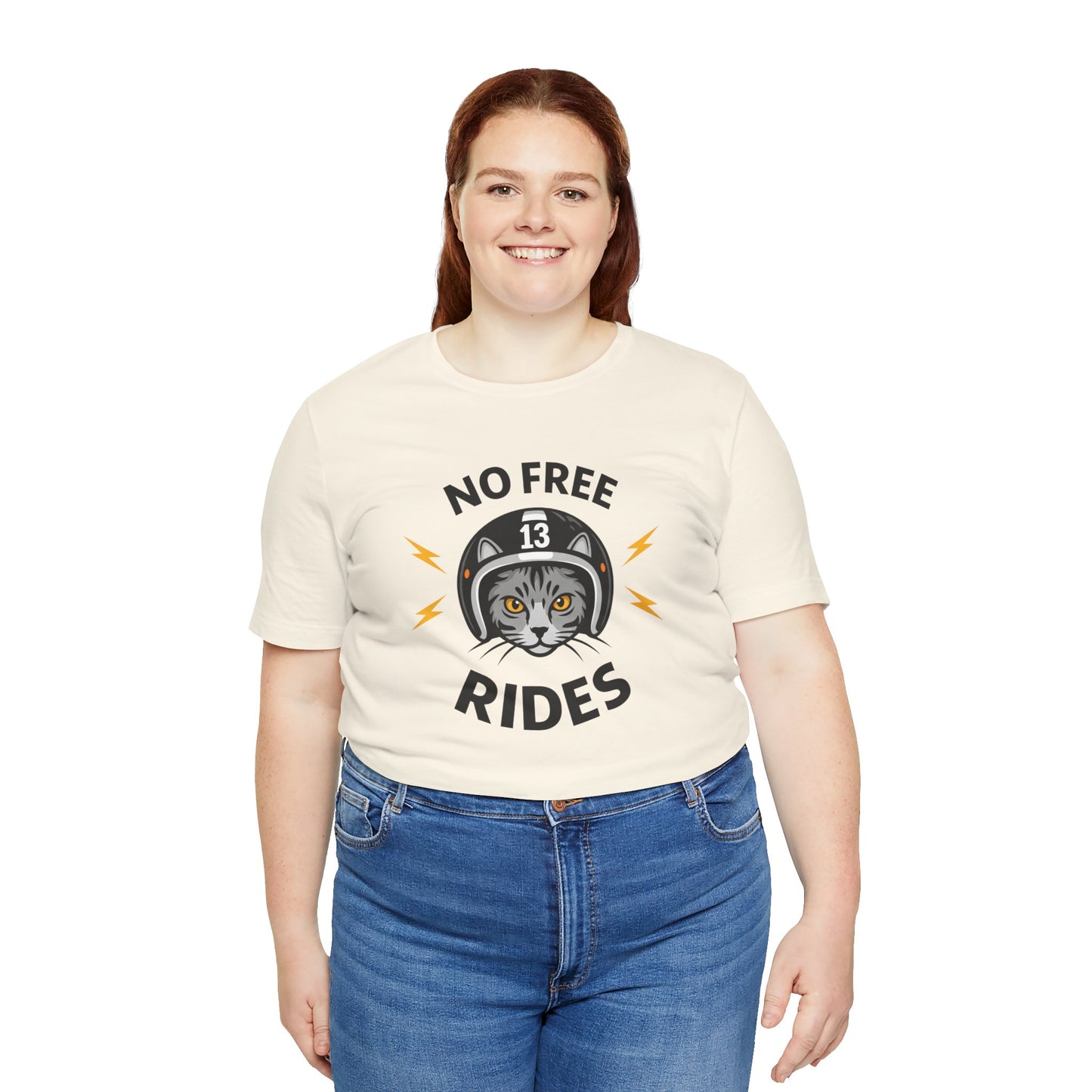 NO FREE RIDES Cat Helmet Graphic Women’s Motorcycle T-Shirt | Natural