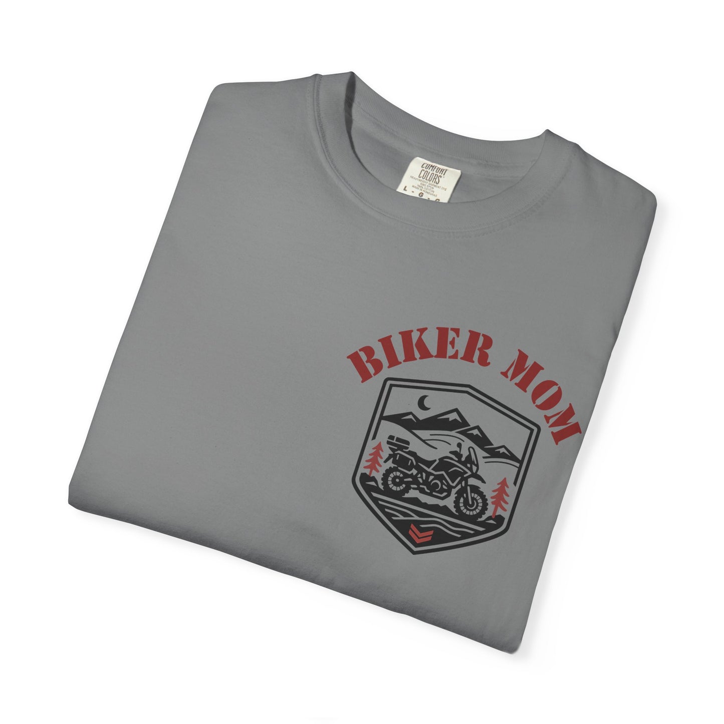 BIKER MOM Chest Badge Graphic Women’s Motorcycle T-Shirt | Gray & Red