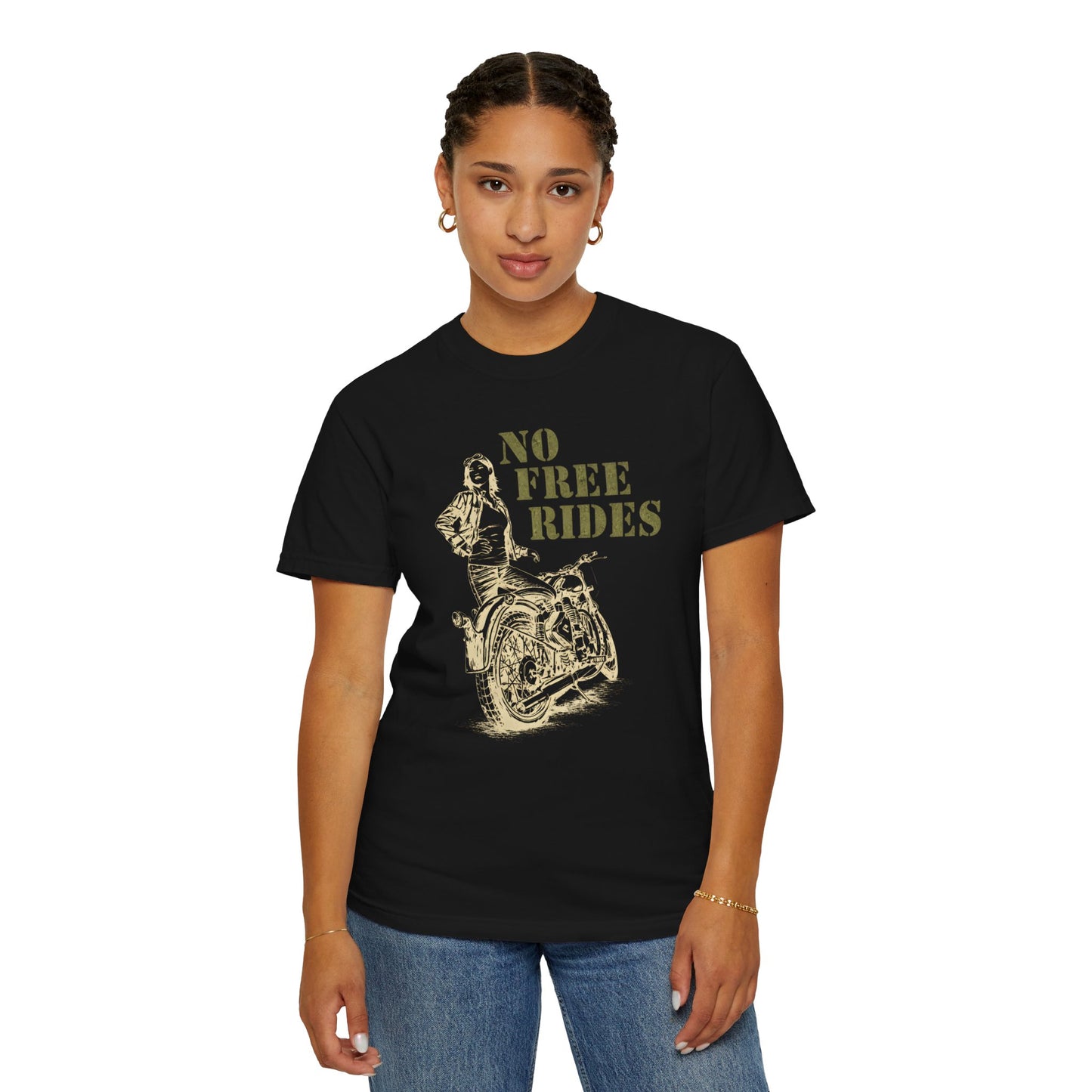 NO FREE RIDES Women’s Motorcycle T-Shirt | Black & Olive