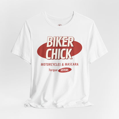 BIKER CHICK Motorcycles & Mascara Women’s Motorcycle T-Shirt | White