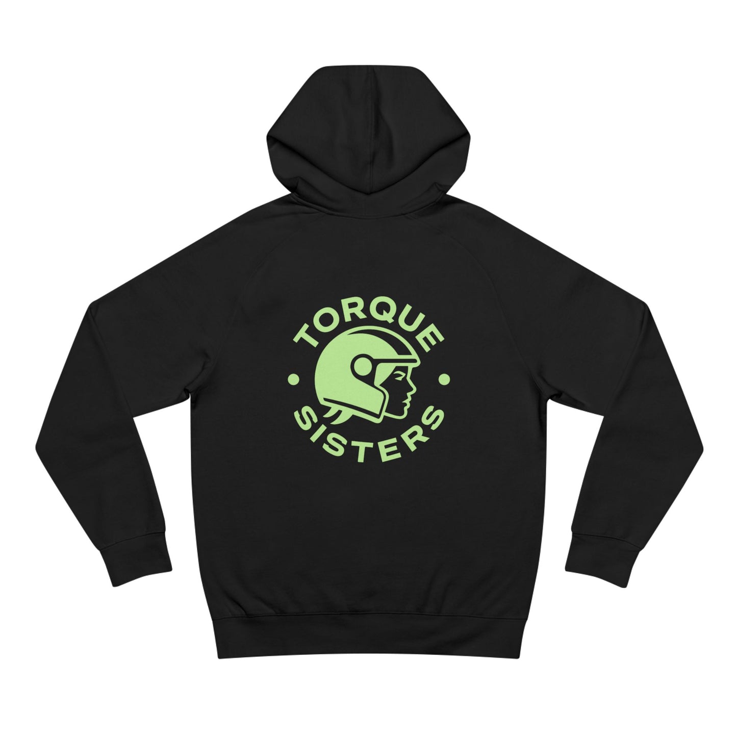 Black hoodie with 'Torque Sisters' logo on the back against a white background