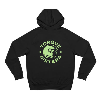 Black hoodie with 'Torque Sisters' logo on the back against a white background