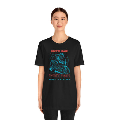 BIKER HAIR DON’T CARE Graphic Women’s Motorcycle T-Shirt | Black & Teal