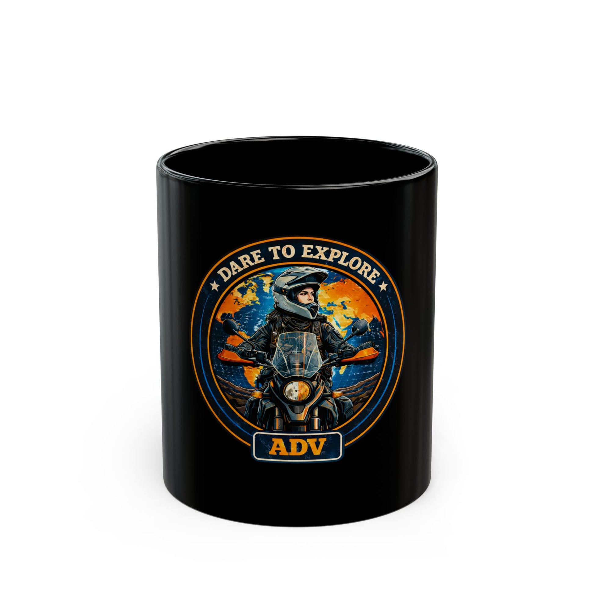 Black mug with a graphic design featuring a ADV motorcycle Rider and Dare To Explore ADV text on an orange background