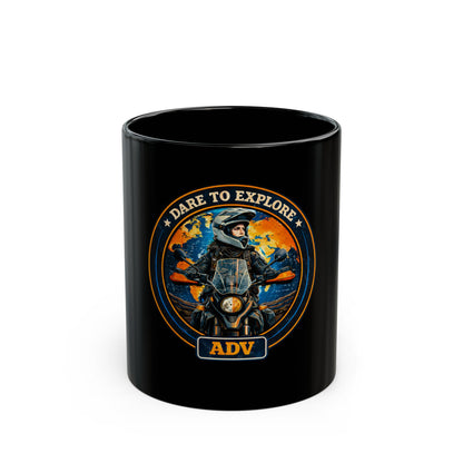 Black mug with a graphic design featuring a ADV motorcycle Rider and Dare To Explore ADV text on an orange background