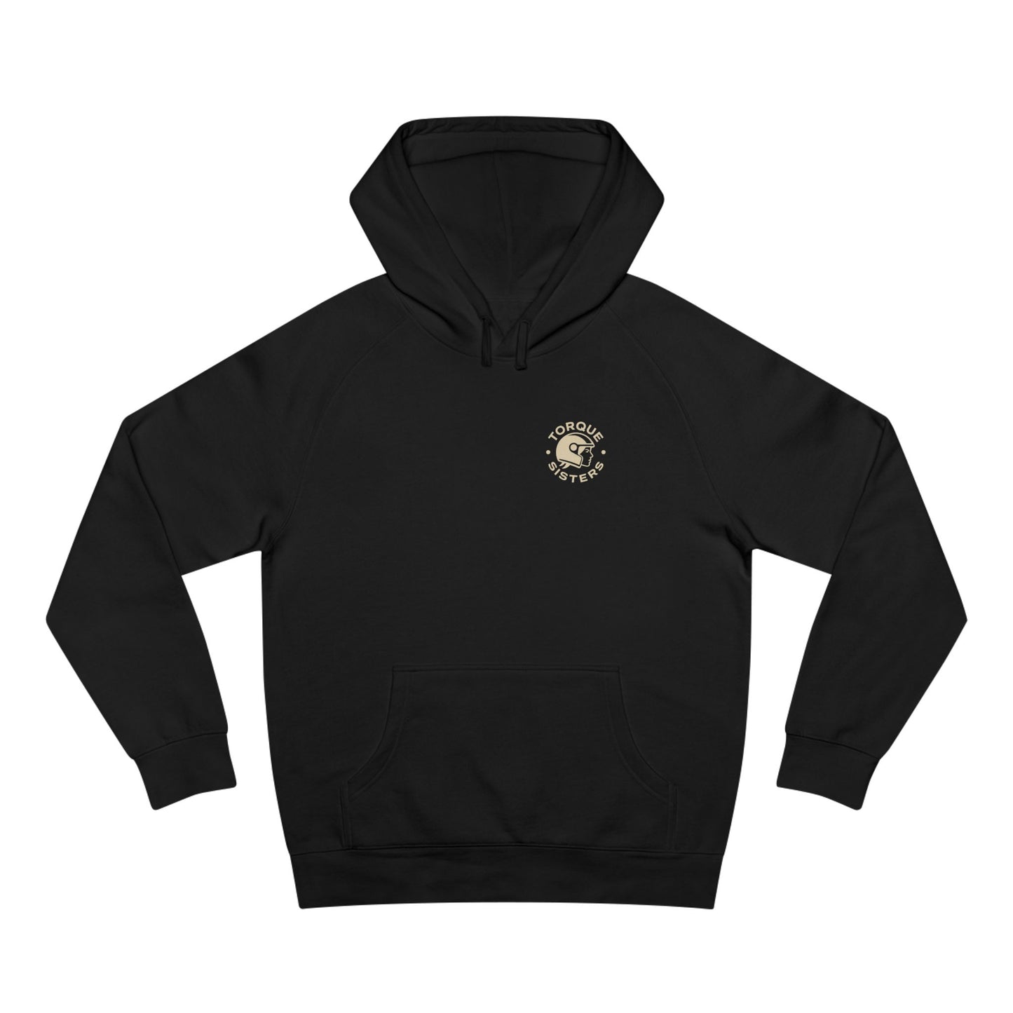 Black hoodie with a small logo on the chest against a white background
