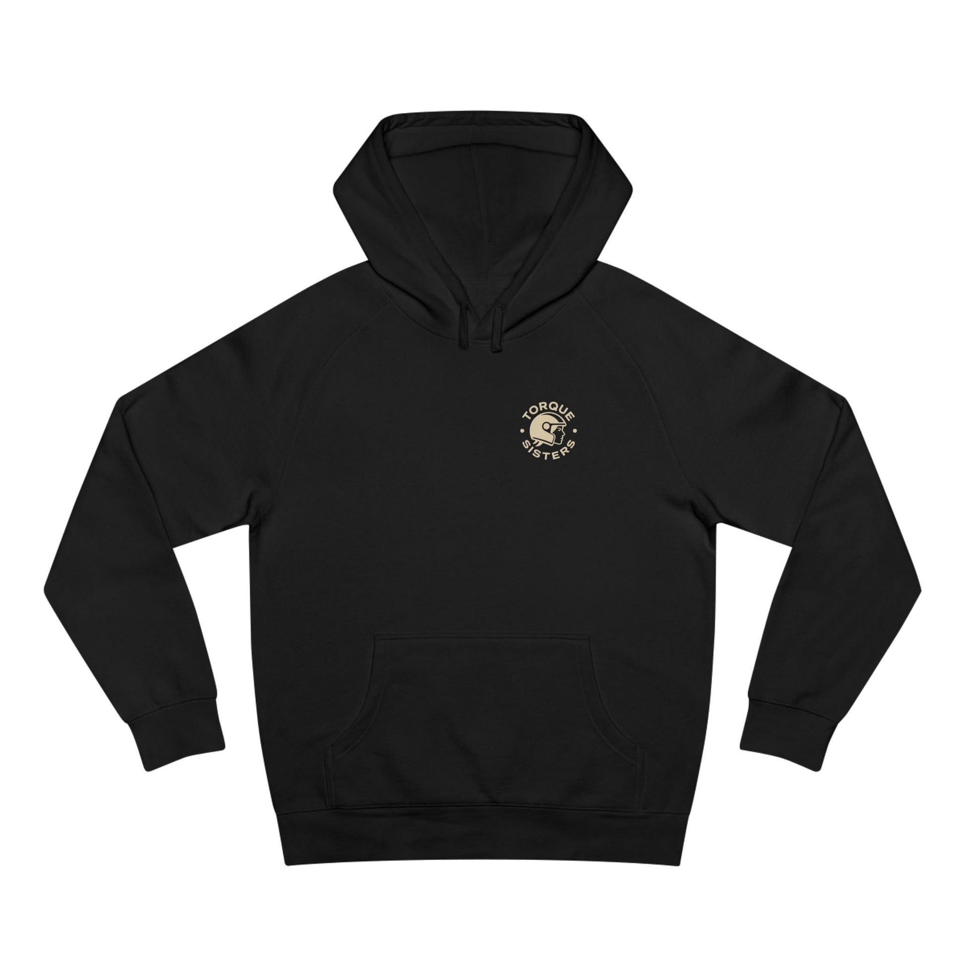 Black hoodie with a small logo on the chest against a white background