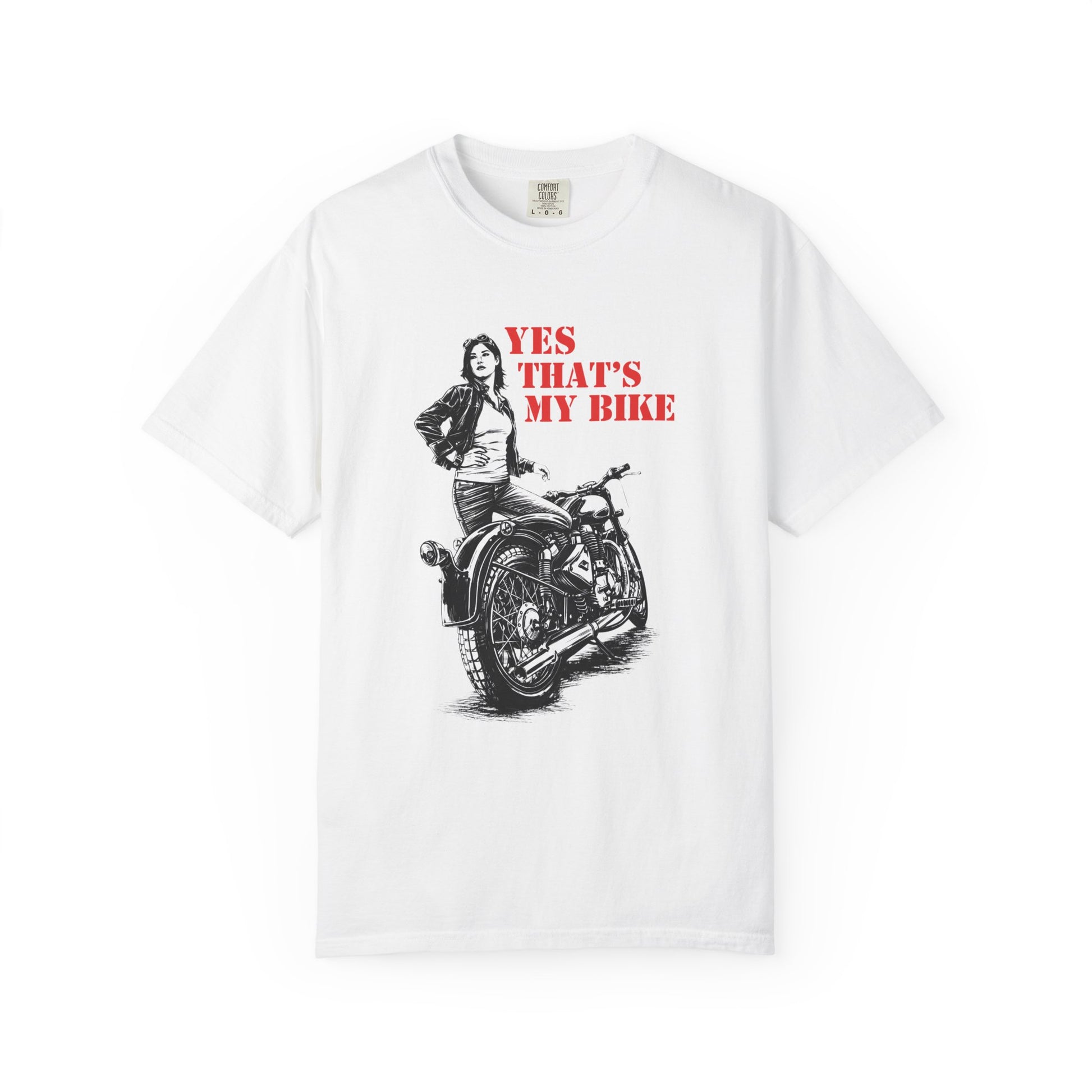White t-shirt with a graphic of a woman and motorcycle, and text 'YES THAT'S MY BIKE' on a white background.