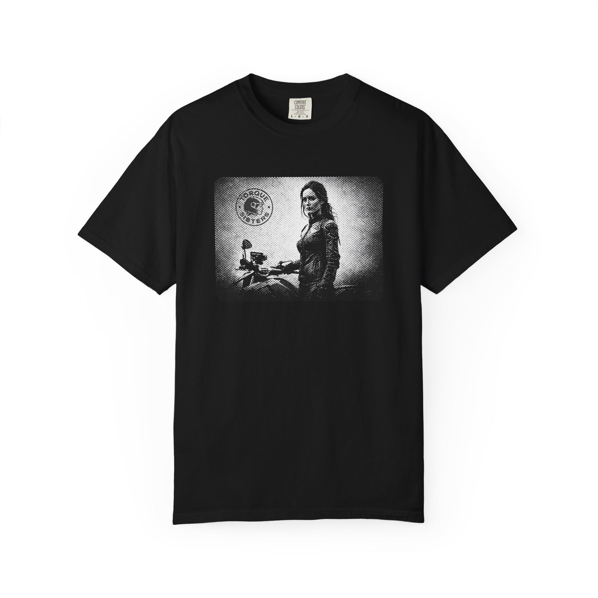 Black t-shirt with a graphic of a woman and a logo on a white background