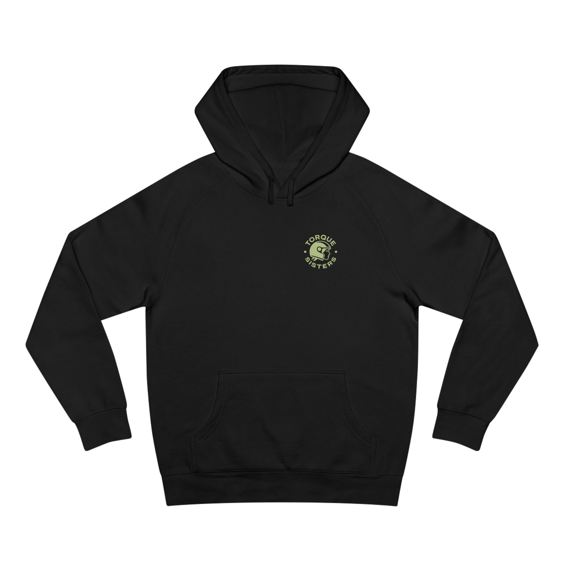 Black hoodie with a logo on the chest against a white background