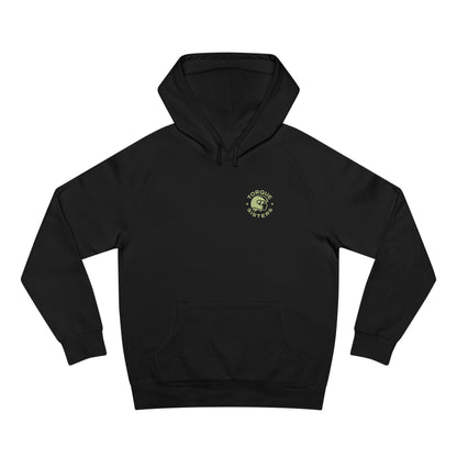 Black hoodie with a logo on the chest against a white background