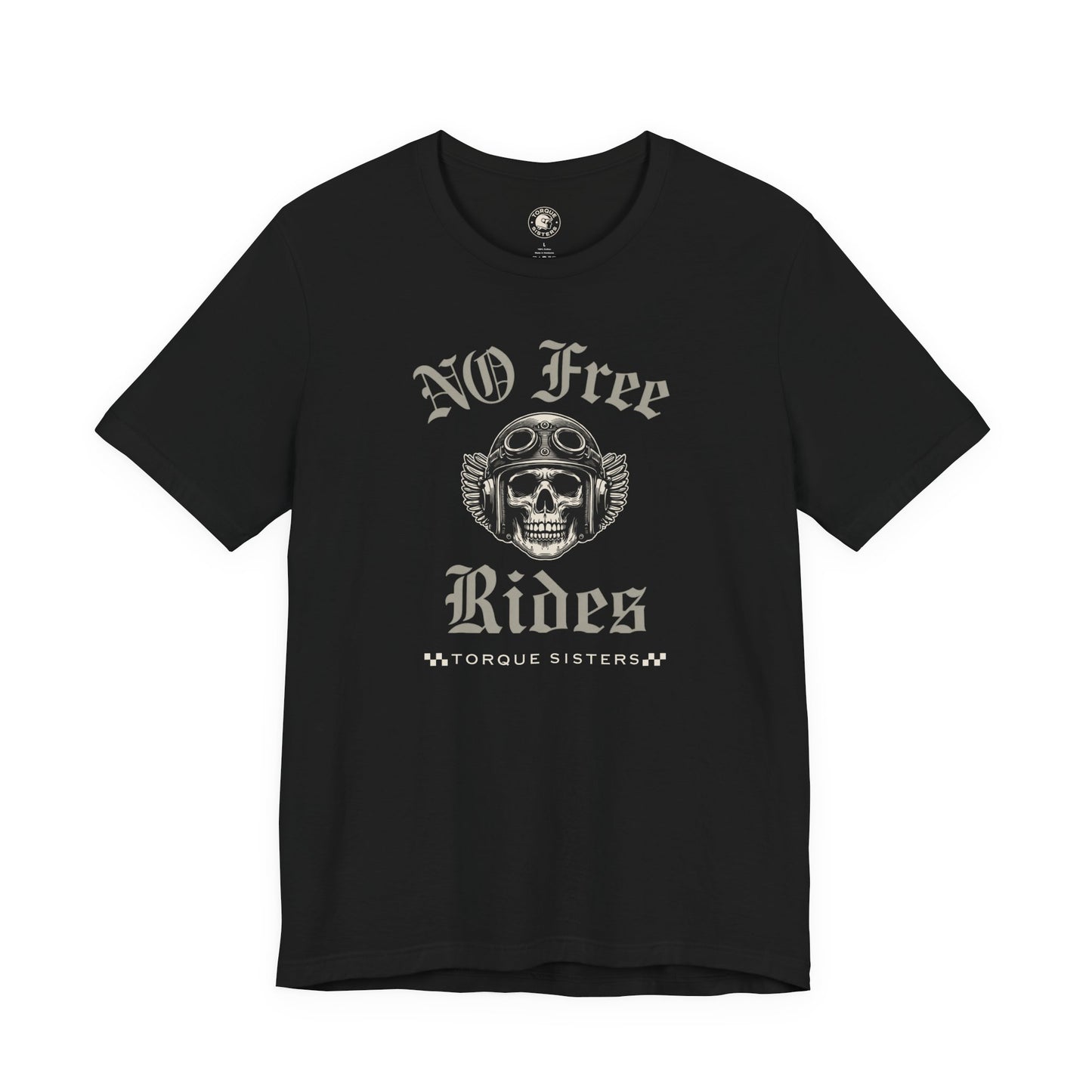 Black t-shirt with skull and text design on a white background