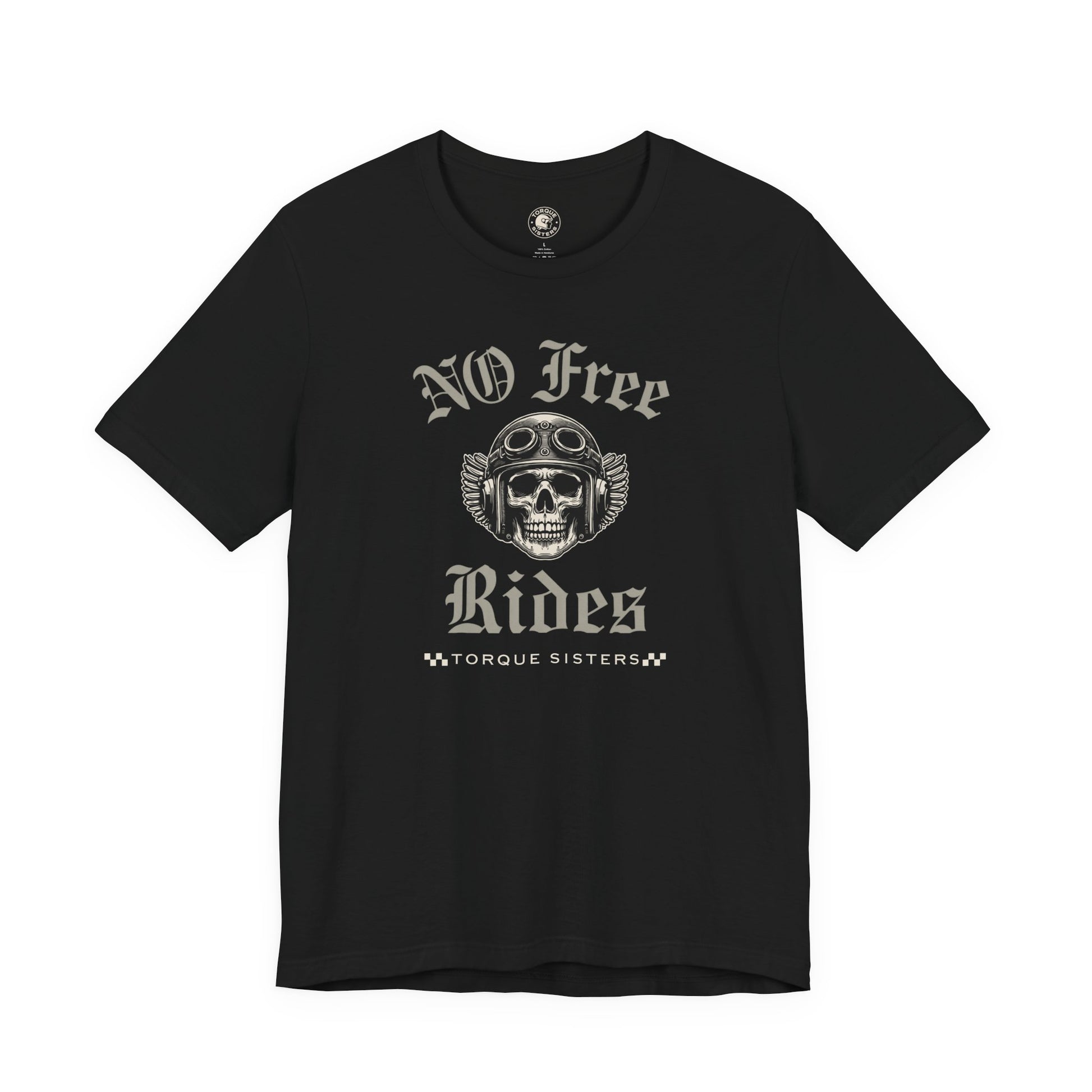 Black t-shirt with skull and text design on a white background
