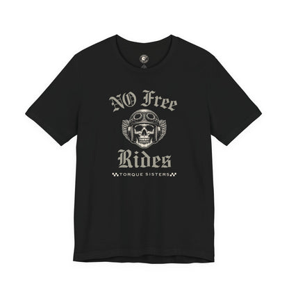 Black t-shirt with skull and text design on a white background