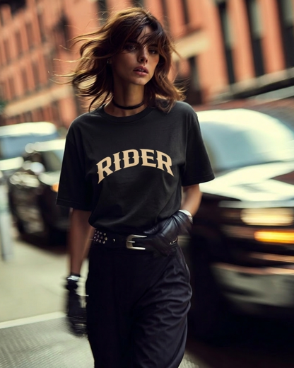 RIDER Arch graphic Women’s Motorcycle T-Shirt | Black & Cream