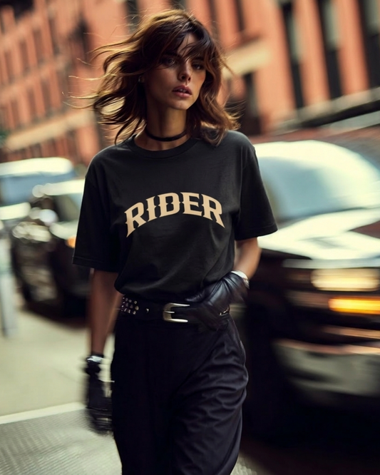 RIDER Arch graphic Women’s Motorcycle T-Shirt | Black & Cream