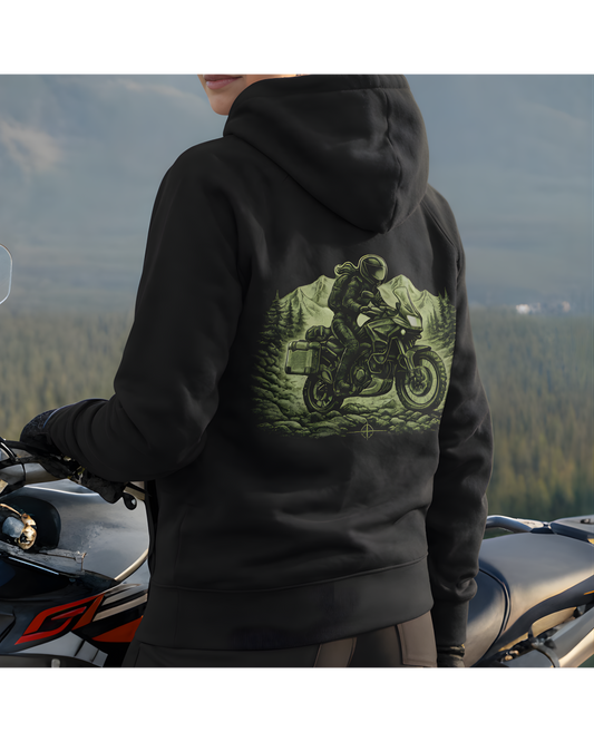 Women’s Motorcycle Hoodie – Adventure Rider Black & Forest Green