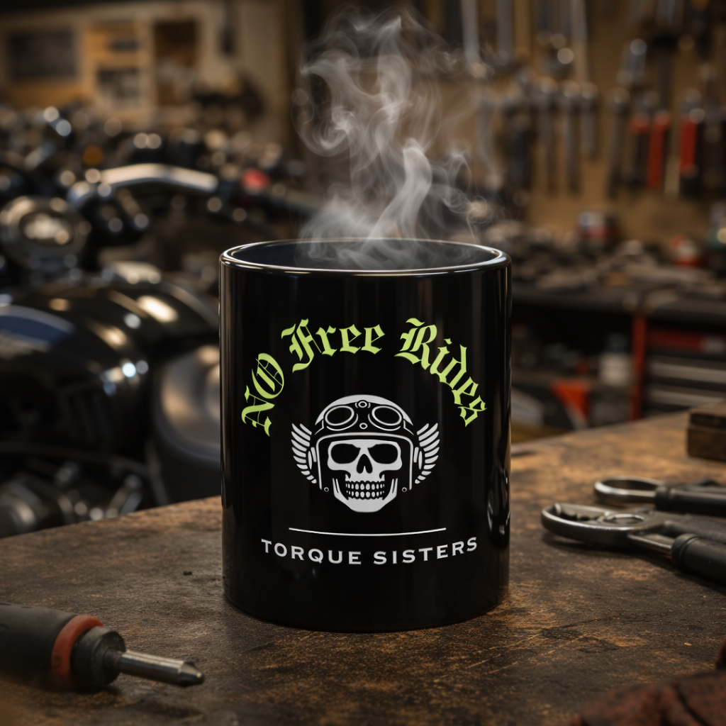 NO FREE RIDES Biker Skull Coffee Mug | Black & Neon Green
