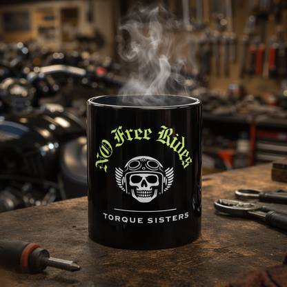 NO FREE RIDES Biker Skull Coffee Mug | Black & Neon Green