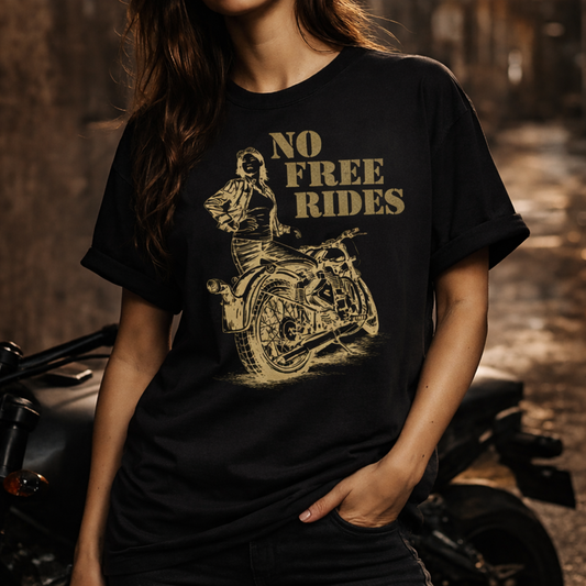 NO FREE RIDES Women’s Motorcycle T-Shirt | Black & Olive