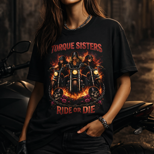 TORQUE SISTERS RIDE OR DIE Women’s Motorcycle T-Shirt | Black & Red & Yellow