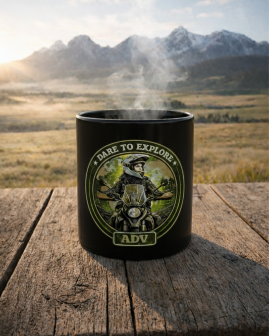 DARE TO EXPLORE ADV Women Riders Motorcycle Mug | Black & Green