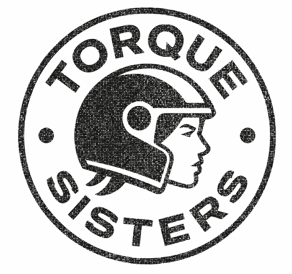 Logo of Torque Sisters with a helmeted figure in the center on a white background