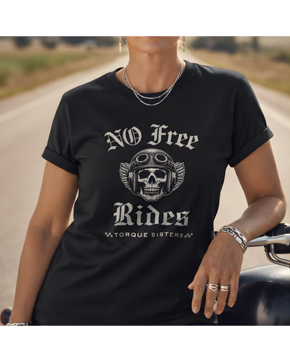 NO FREE RIDES Biker Skull Women’s Motorcycle T-Shirt | Black & Stone Gray