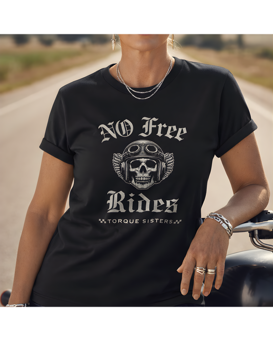 NO FREE RIDES Biker Skull Women’s Motorcycle T-Shirt | Black & Stone Gray
