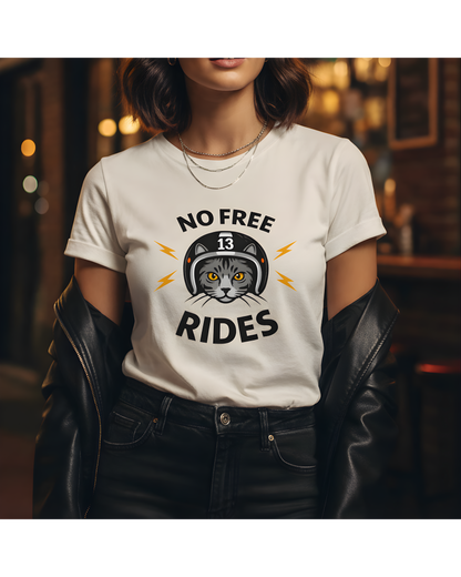 NO FREE RIDES Cat Helmet Graphic Women’s Motorcycle T-Shirt | Natural