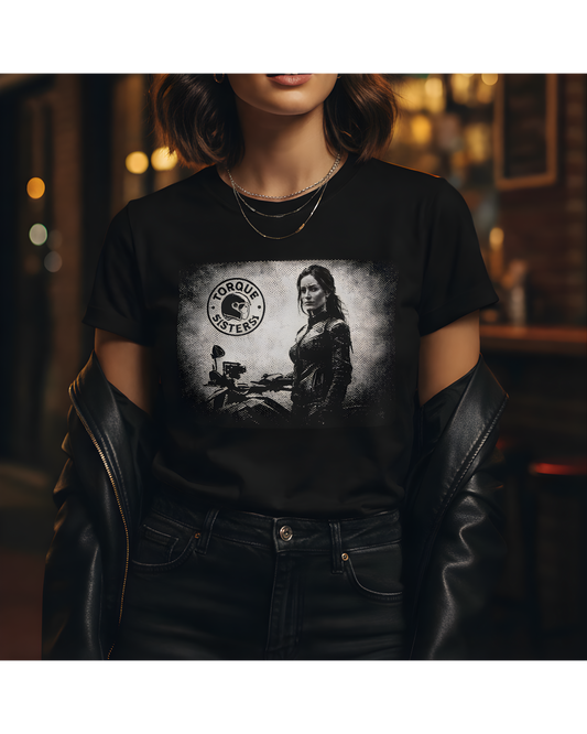TORQUE SISTERS Rider Portrait Graphic Women’s Motorcycle T-Shirt | Black