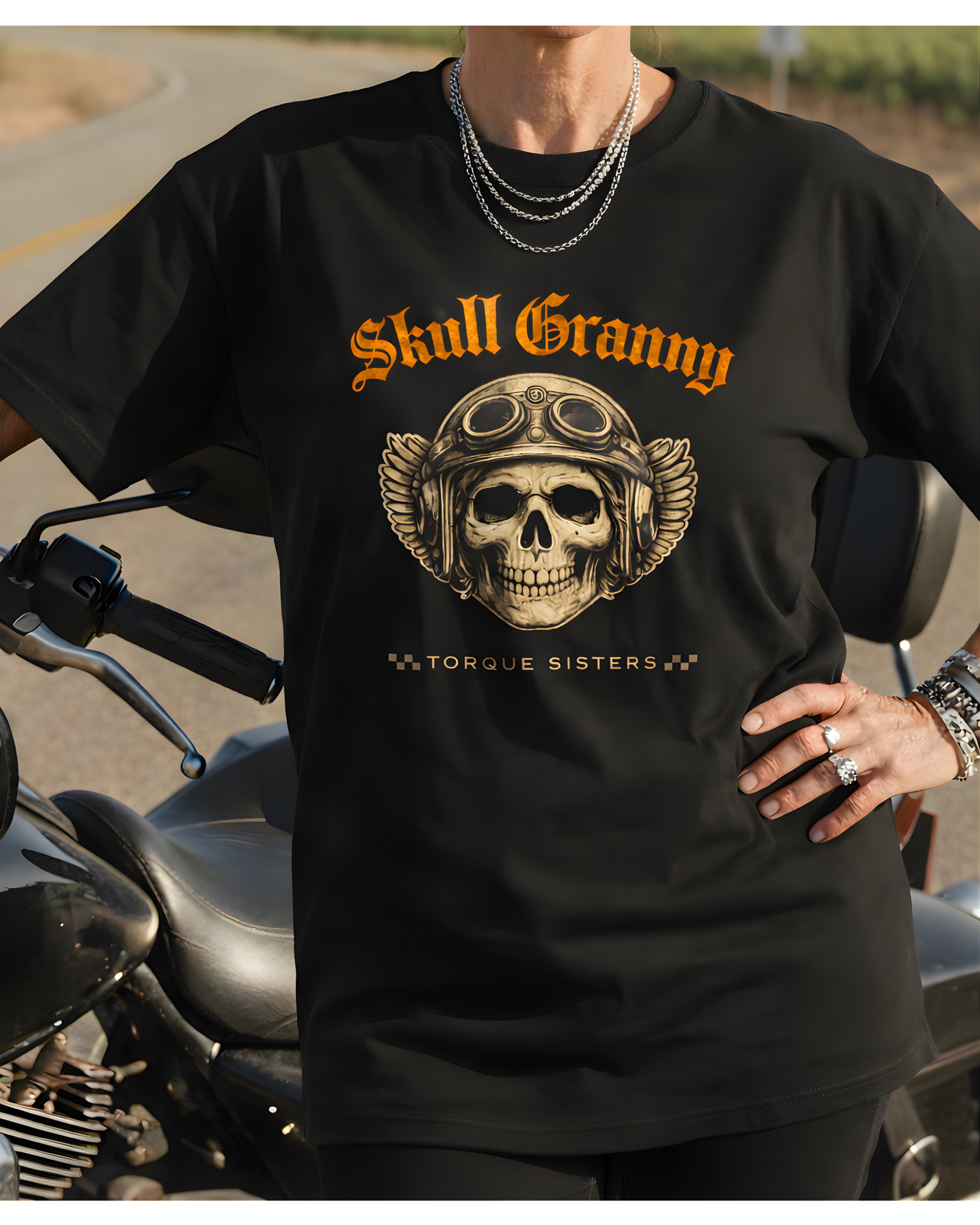 SKULL GRANNY Women’s Motorcycle T-Shirt | Black & Gold