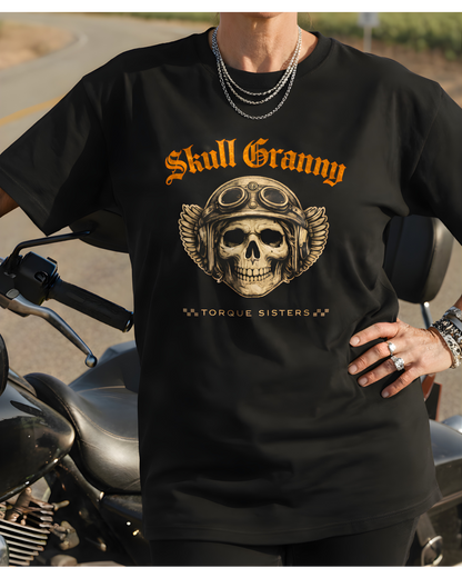SKULL GRANNY Women’s Motorcycle T-Shirt | Black & Gold