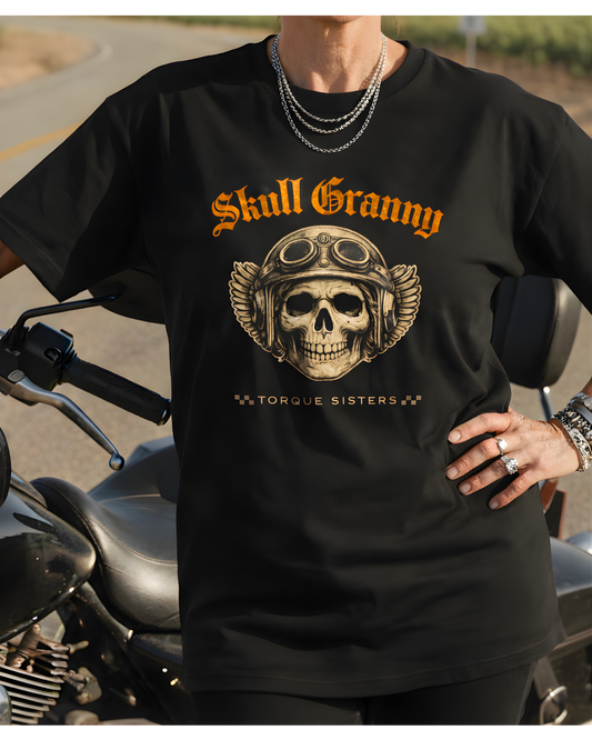 SKULL GRANNY Women’s Motorcycle T-Shirt | Black & Gold